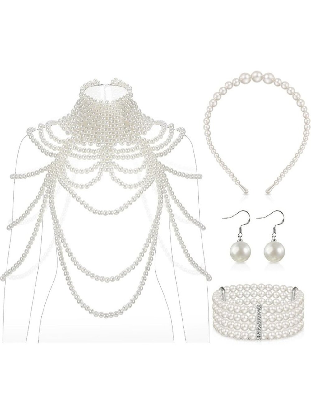 1920s Pearl Body Chain Set - Necklace, Headband, Earrings & Bag - Vintage Glam